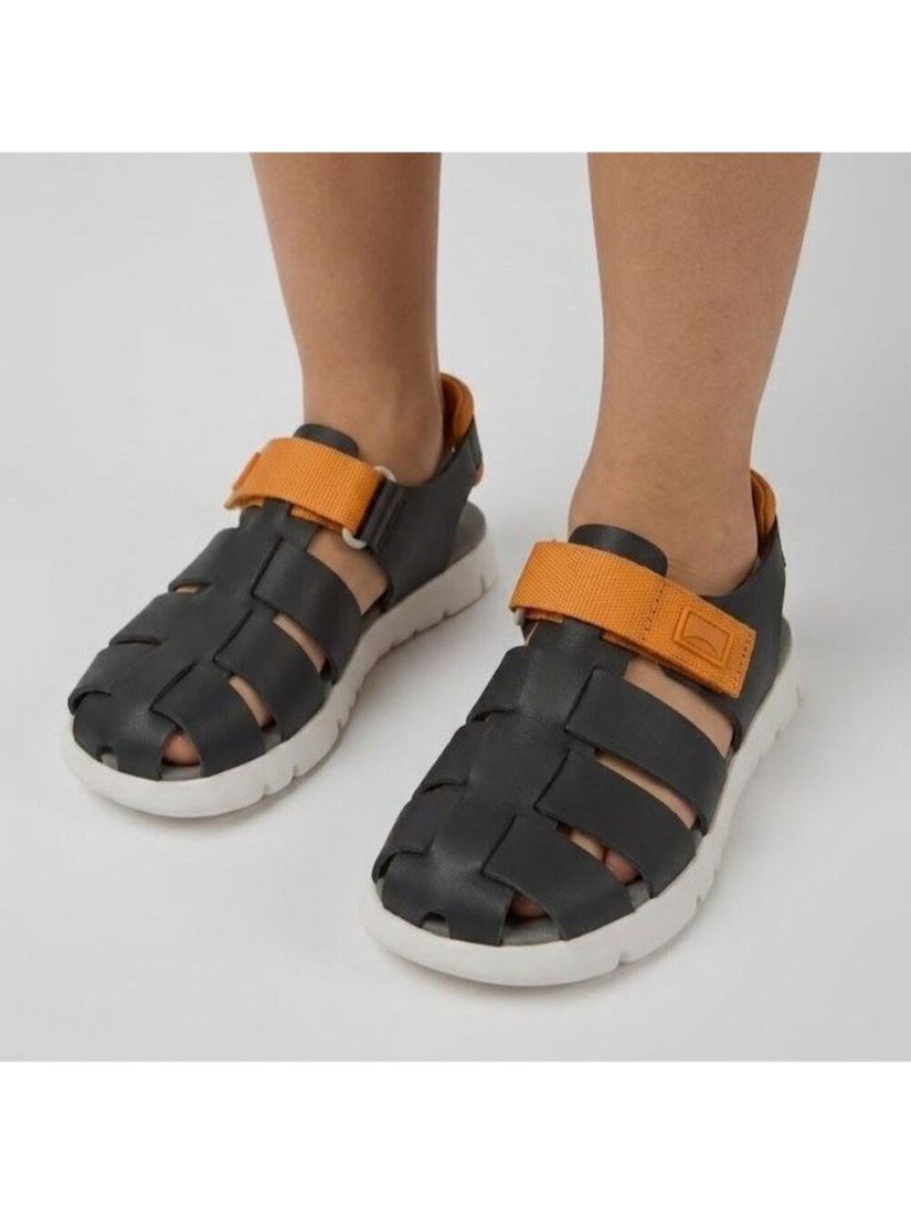 Camper Kids Size 12.5 Black Orange Calfskin Leather Adjustable Fisherman Sandals